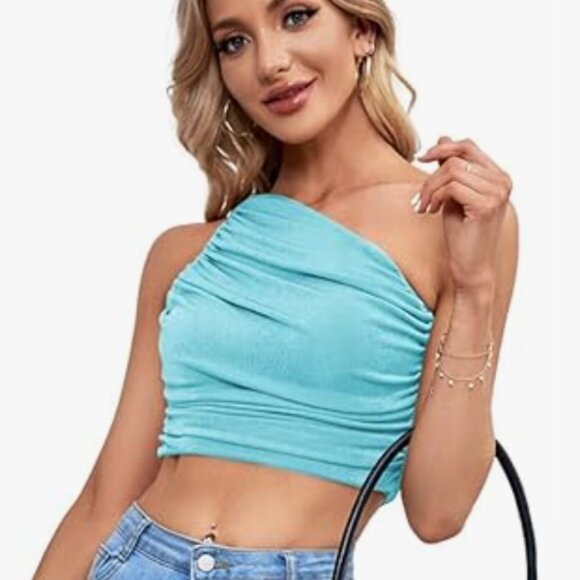 Tops - Turquoise Ruched One Shoulder Sleeveless Crop Top